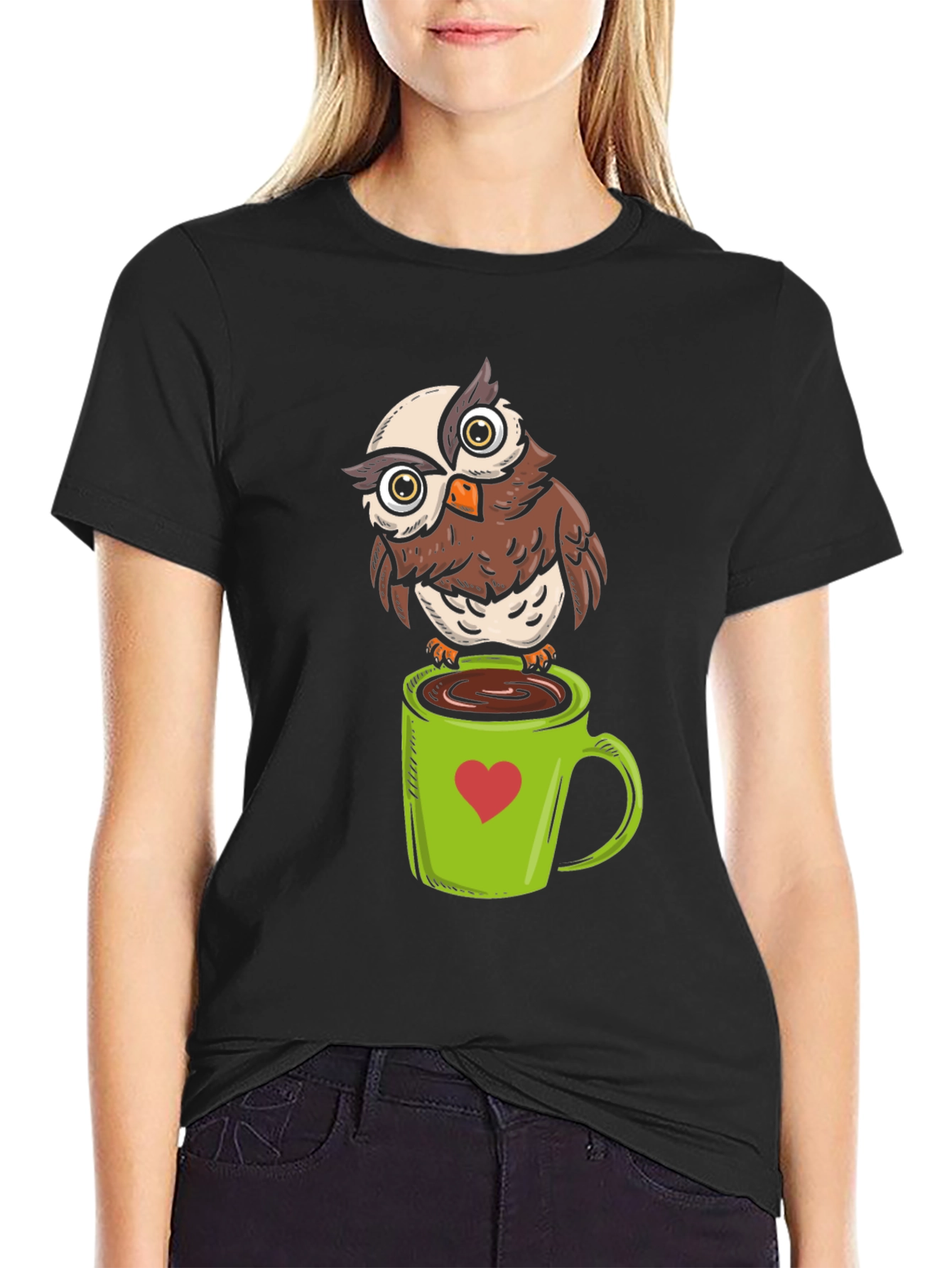 Owl on Coffee Mug Graphic T-Shirt