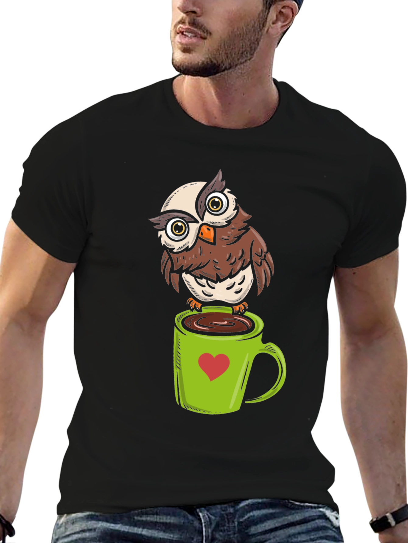 Owl on Coffee Mug Graphic T-Shirt