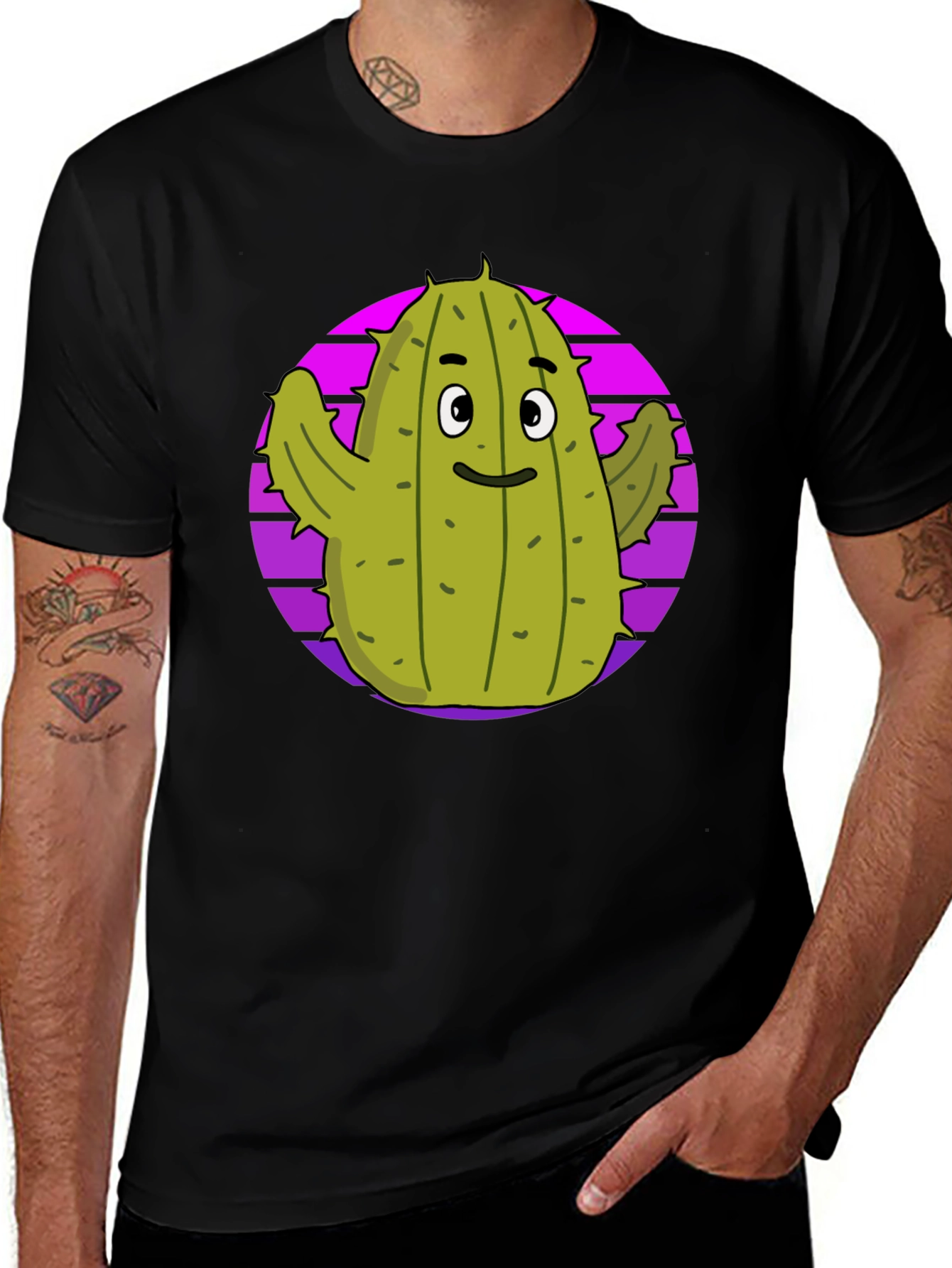 Fun Cactus Graphic Tee - Black Cotton T-Shirt