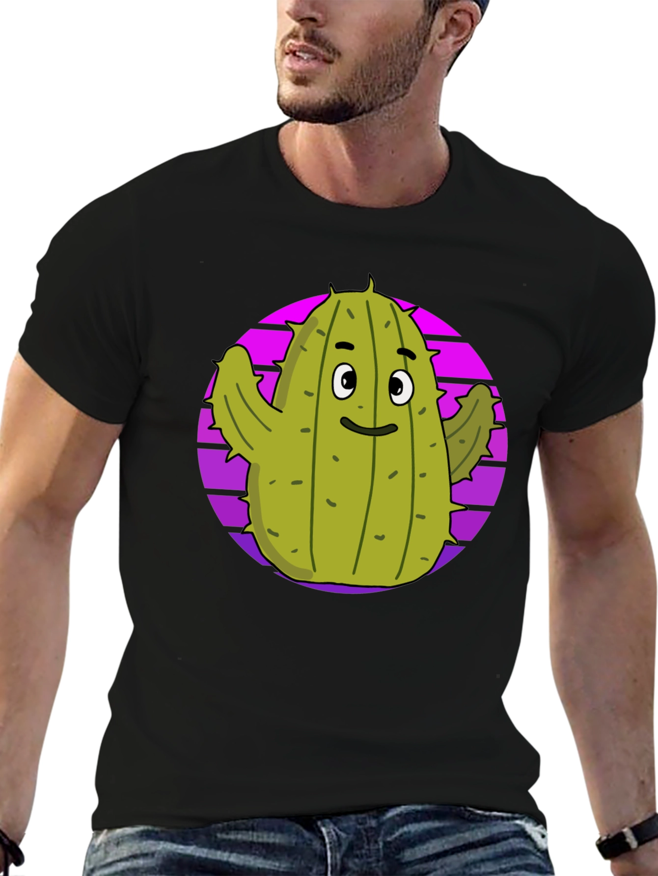 Fun Cactus Graphic Tee - Black Cotton T-Shirt