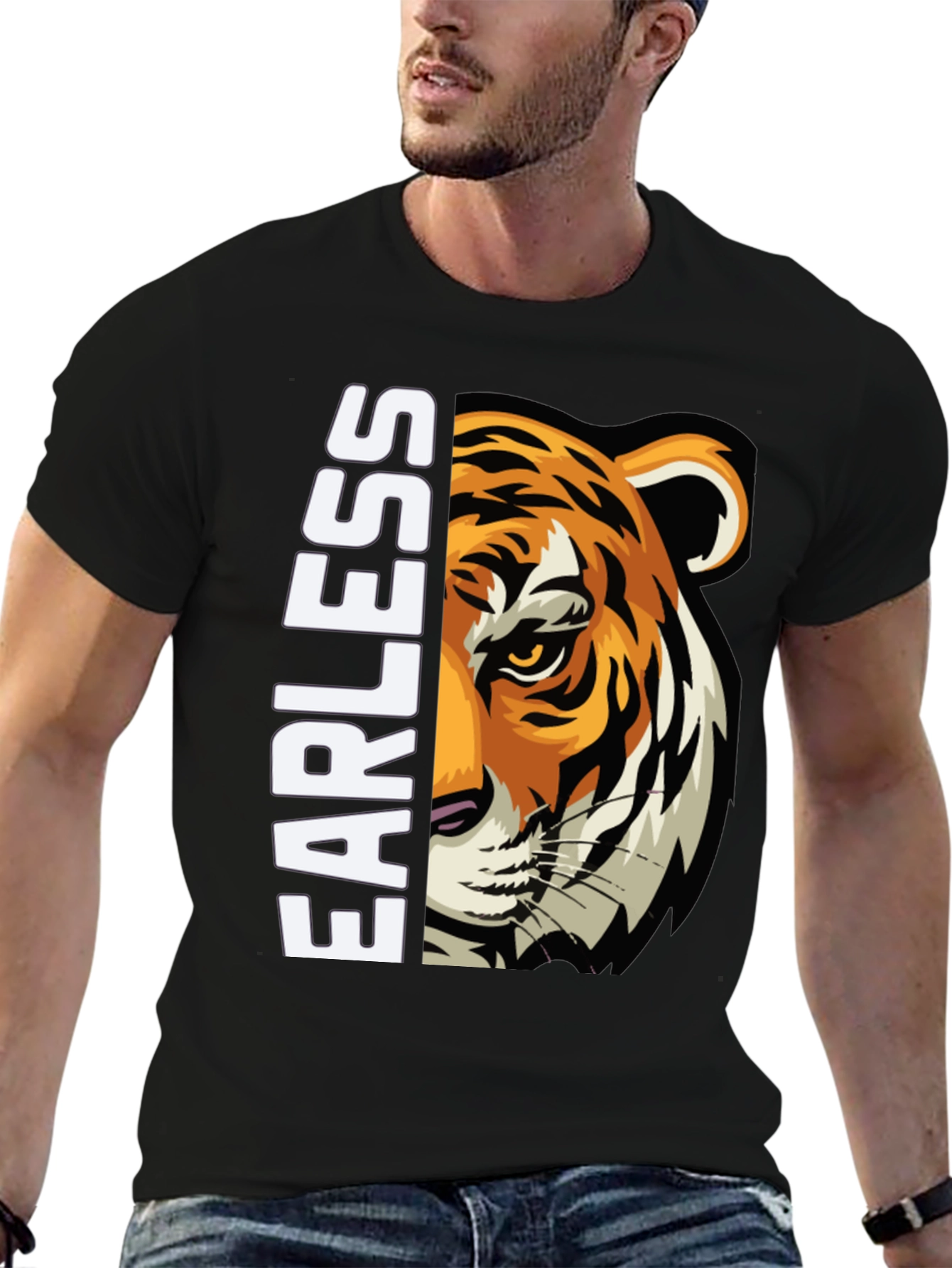 Fearless Tiger Graphic Print Black T-Shirt