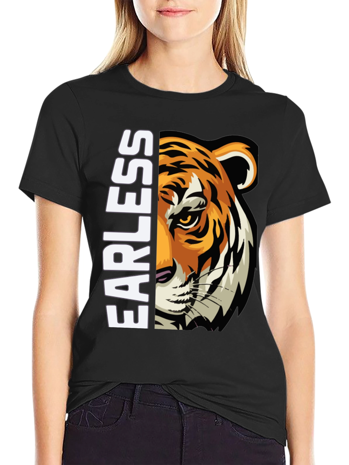 Fearless Tiger Graphic Print Black T-Shirt
