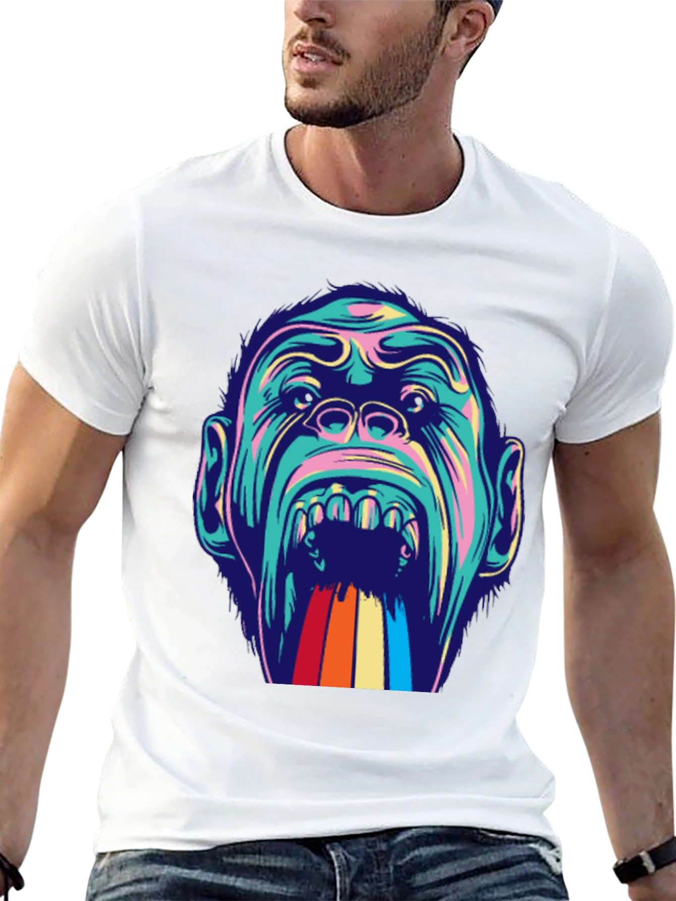 Retro Primate Graphic Tee - Vivid Monkey Rainbow