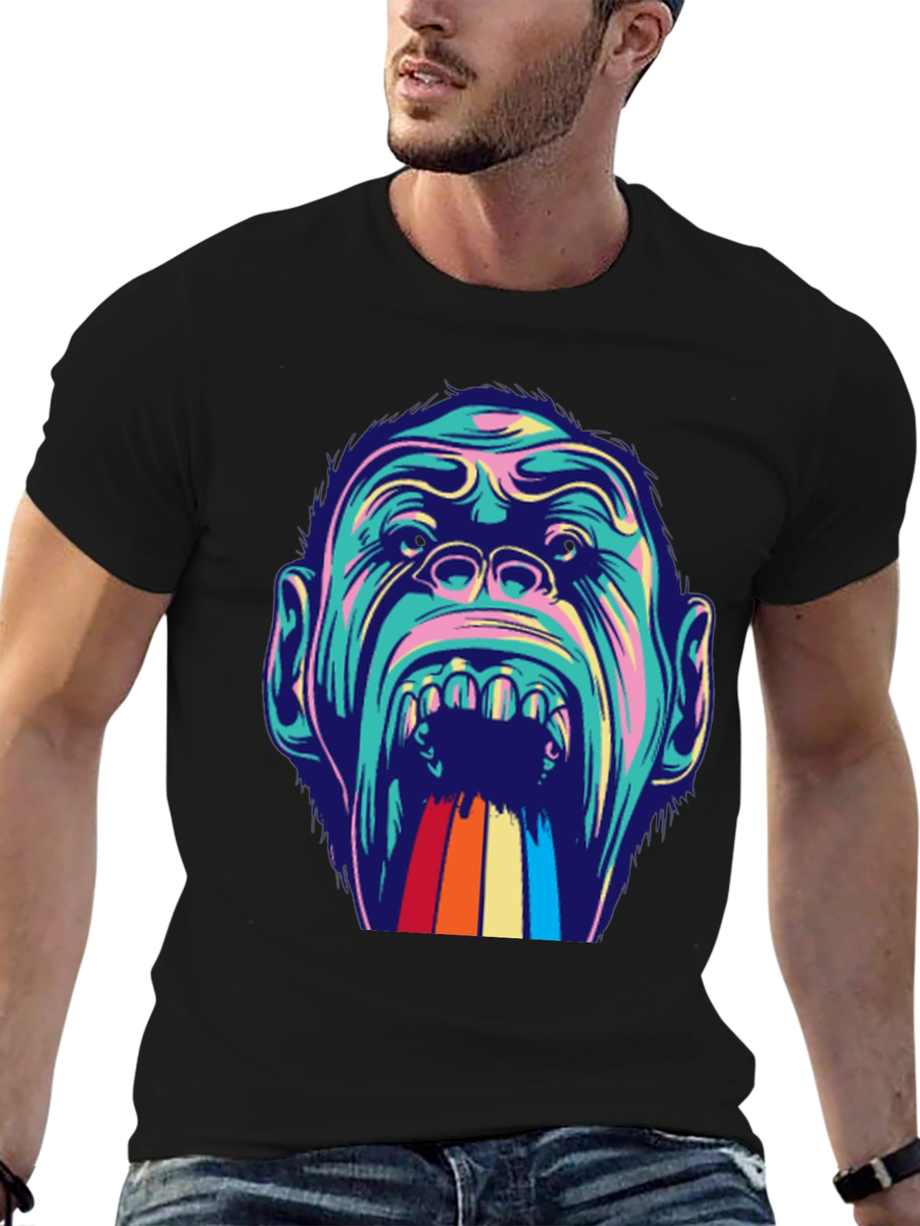 Retro Primate Graphic Tee - Vivid Monkey Rainbow