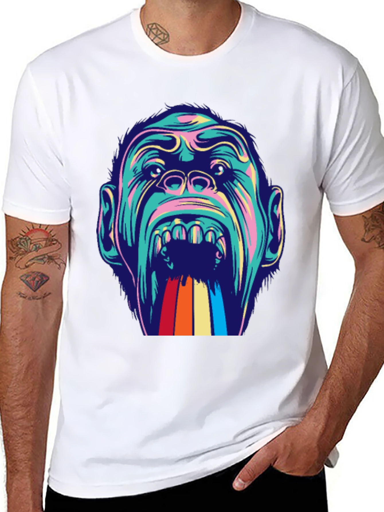 Retro Primate Graphic Tee - Vivid Monkey Rainbow