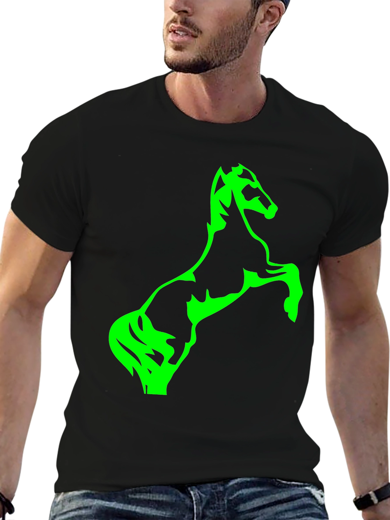 Black T-Shirt with Green Horse Graphic