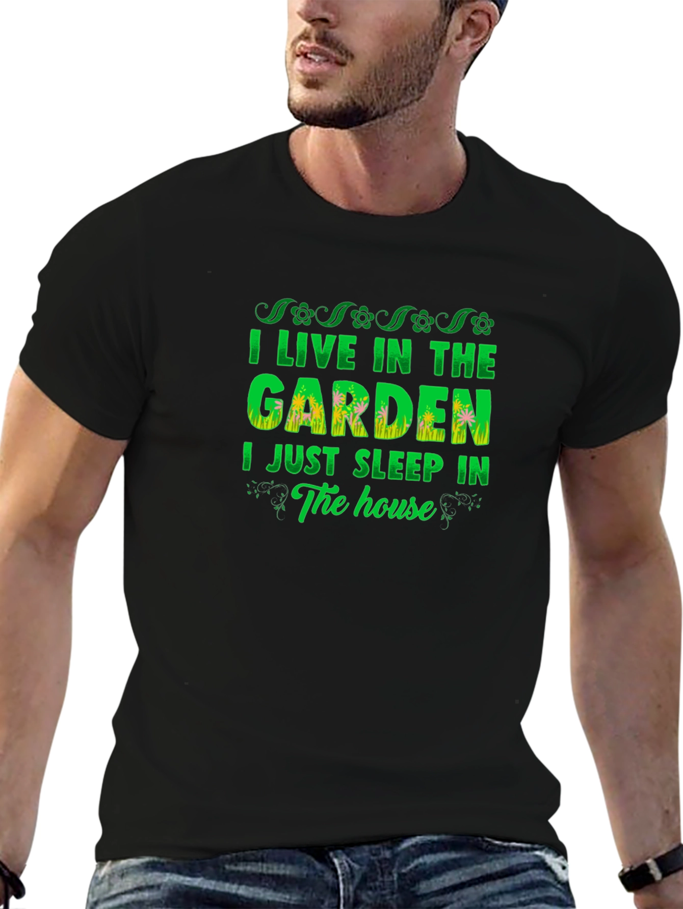 I Live in the Garden Mens Black T-Shirt