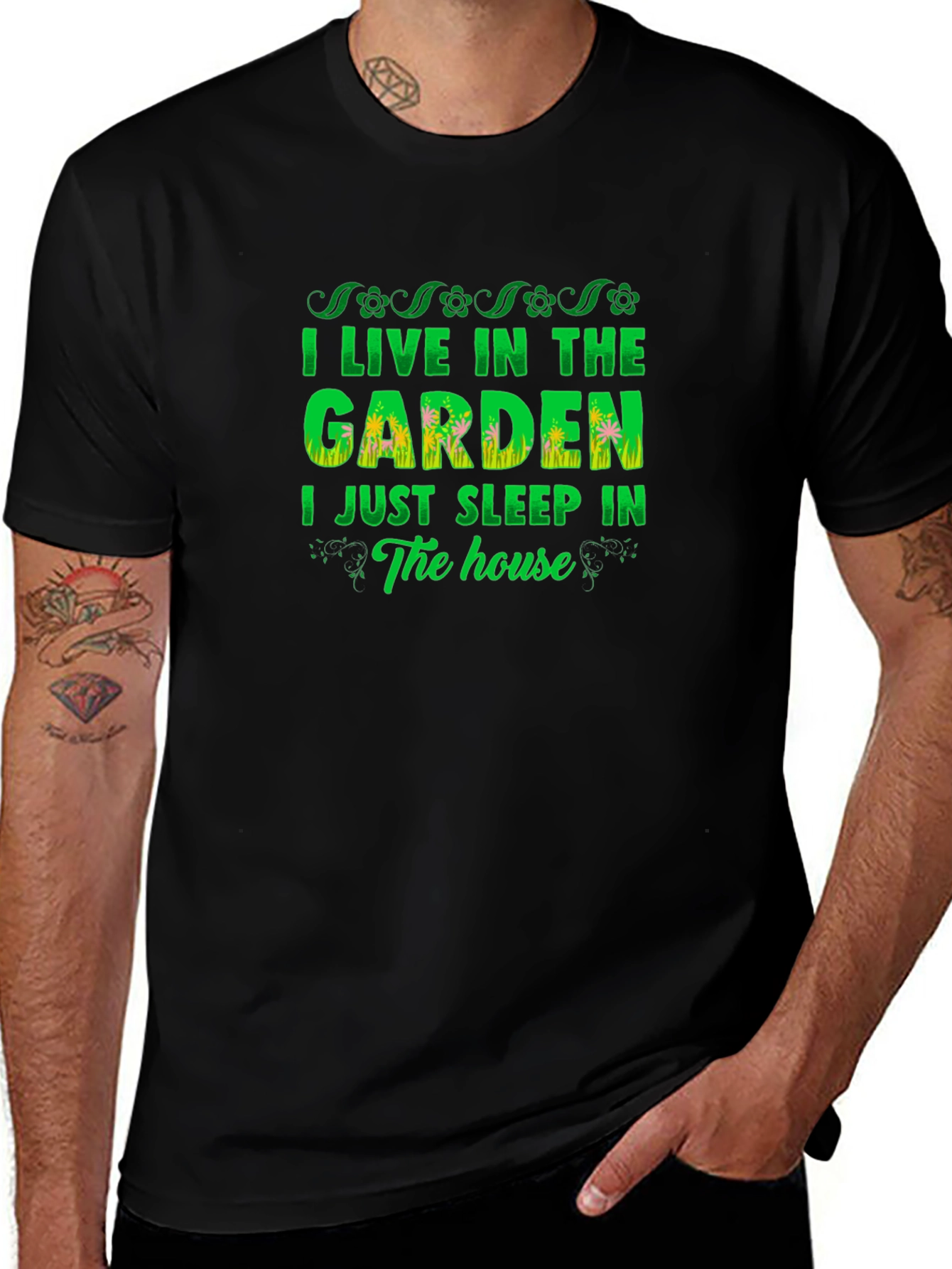 I Live in the Garden Mens Black T-Shirt