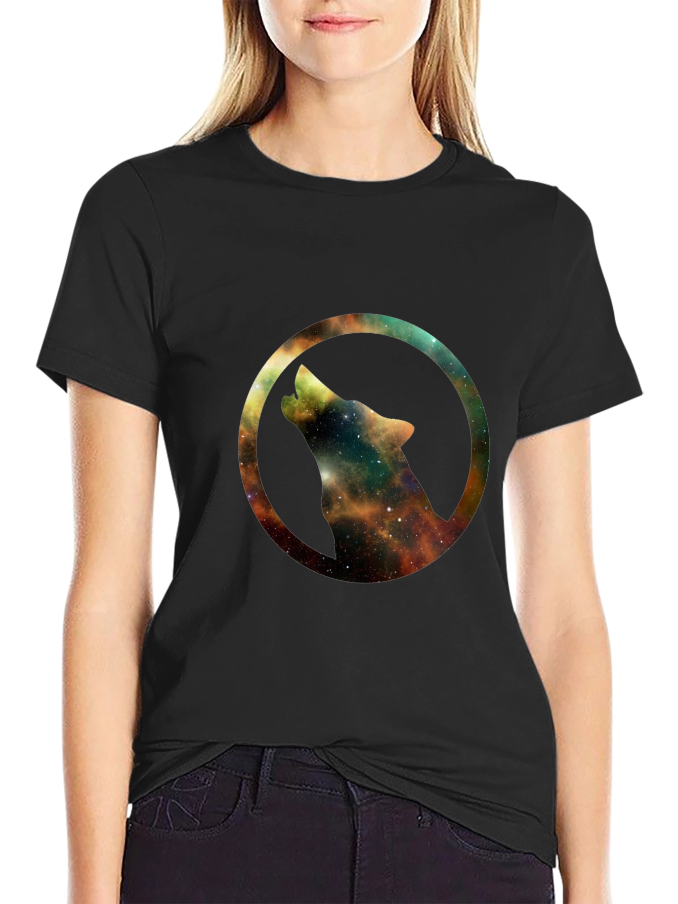 Galaxy Wolf Circle Black T-Shirt