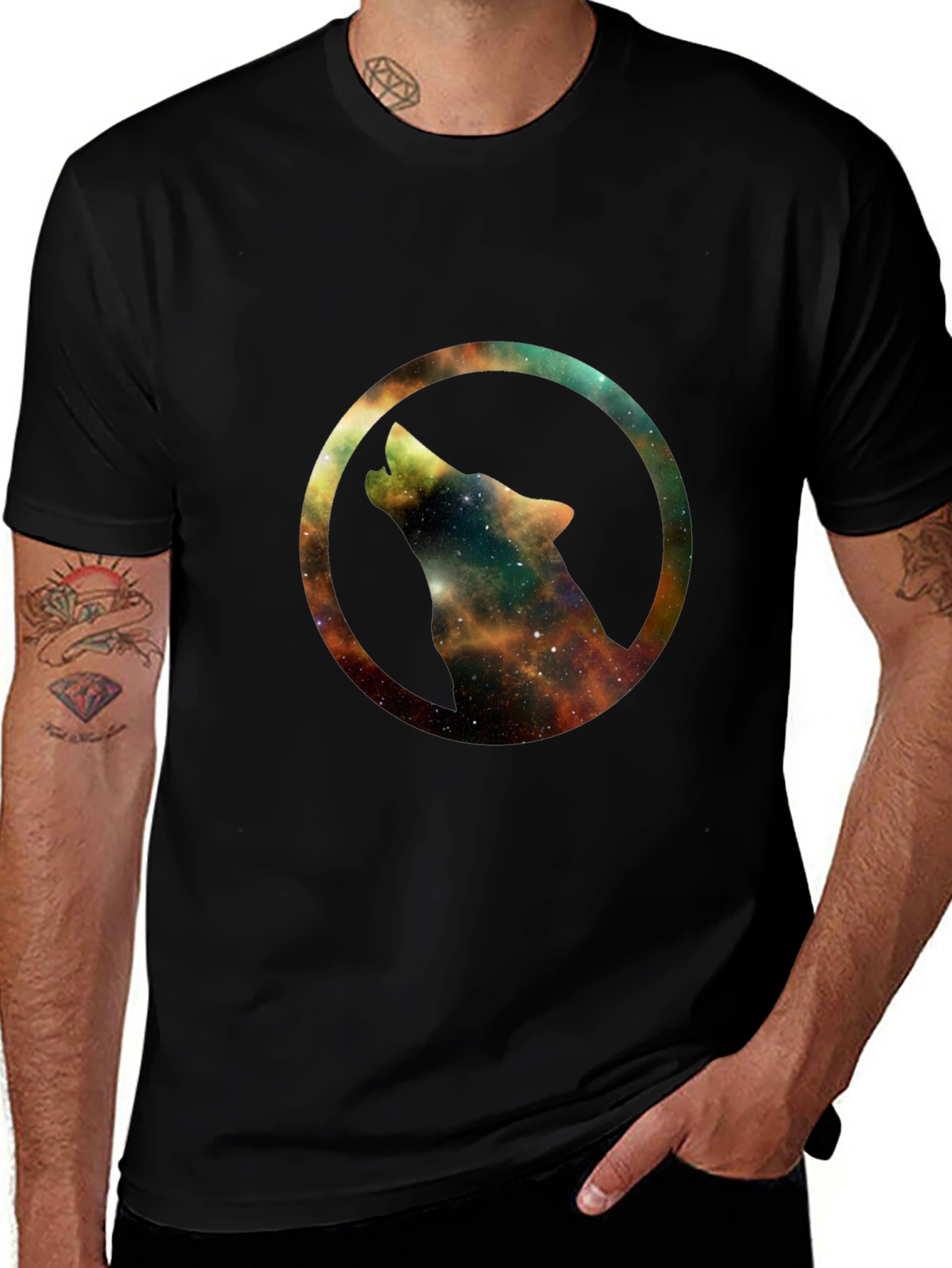 Galaxy Wolf Circle Black T-Shirt
