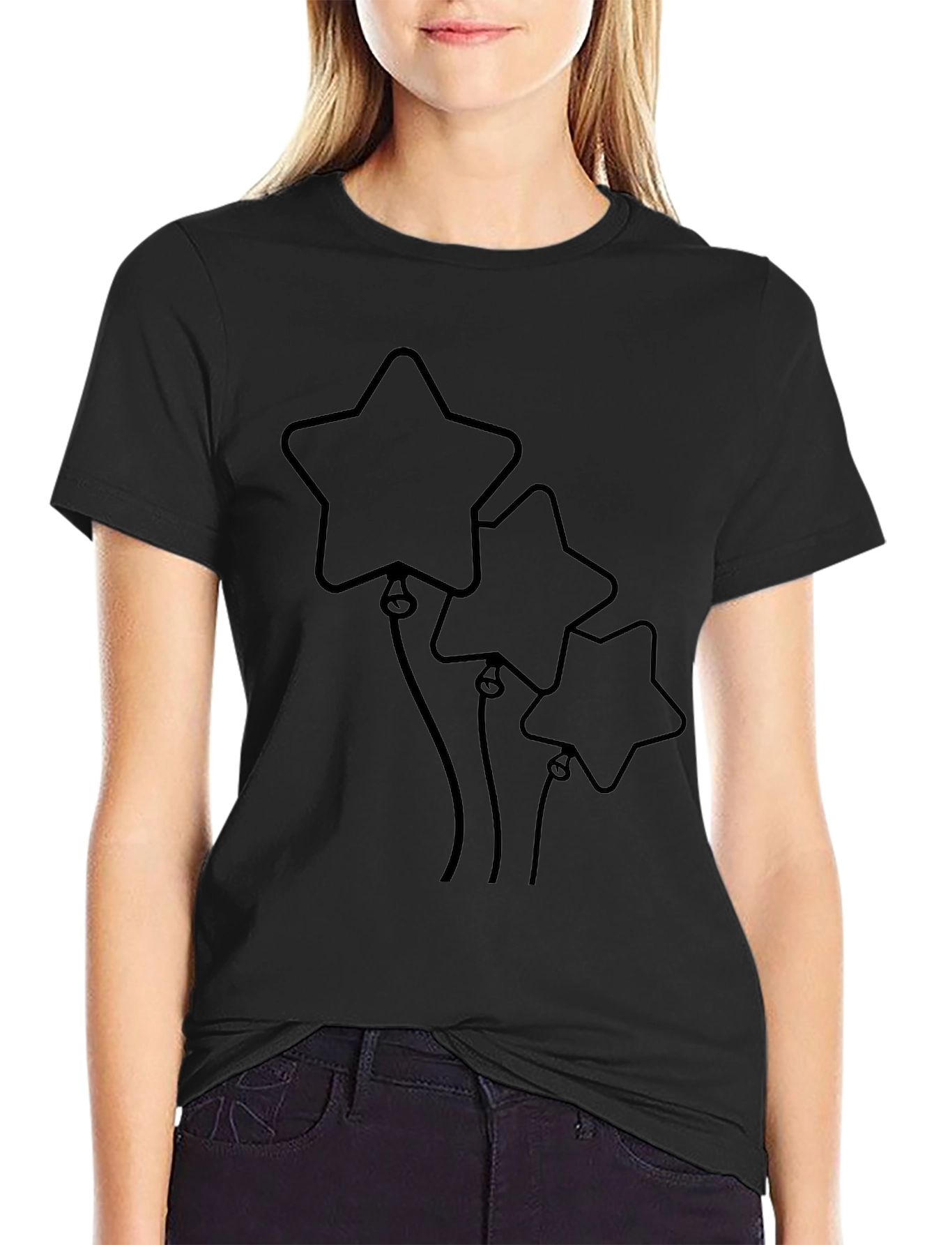 Star Balloon Graphic Tee - Black Cotton Casual Top