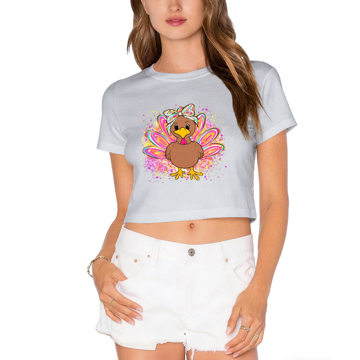 Pretty Bow Glitter Turkey Girl Thanksgiving Crop Top