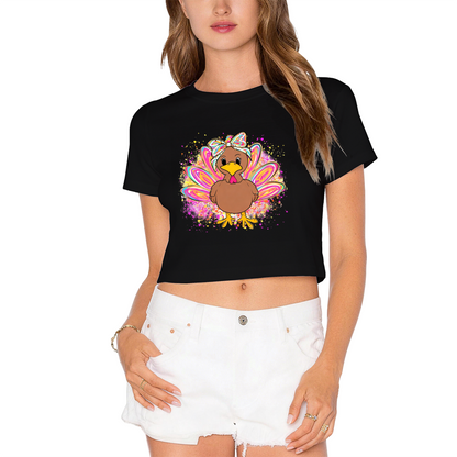 Pretty Bow Glitter Turkey Girl Thanksgiving Crop Top