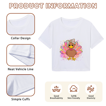 Pretty Bow Glitter Turkey Girl Thanksgiving Crop Top