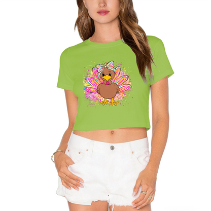Pretty Bow Glitter Turkey Girl Thanksgiving Crop Top