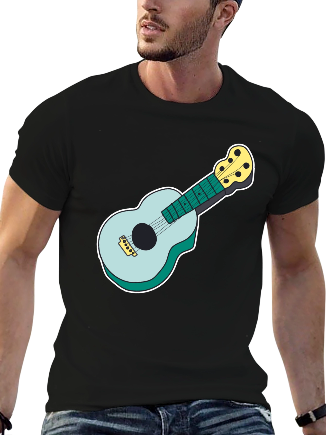 Ukulele Graphic Tee - Black Cotton Casual Shirt