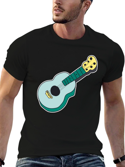 Ukulele Graphic Tee - Black Cotton Casual Shirt