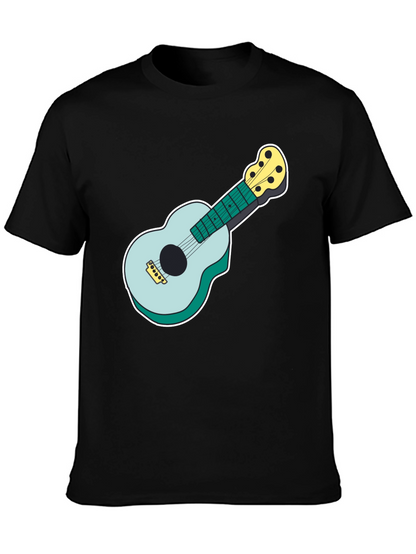 Ukulele Graphic Tee - Black Cotton Casual Shirt