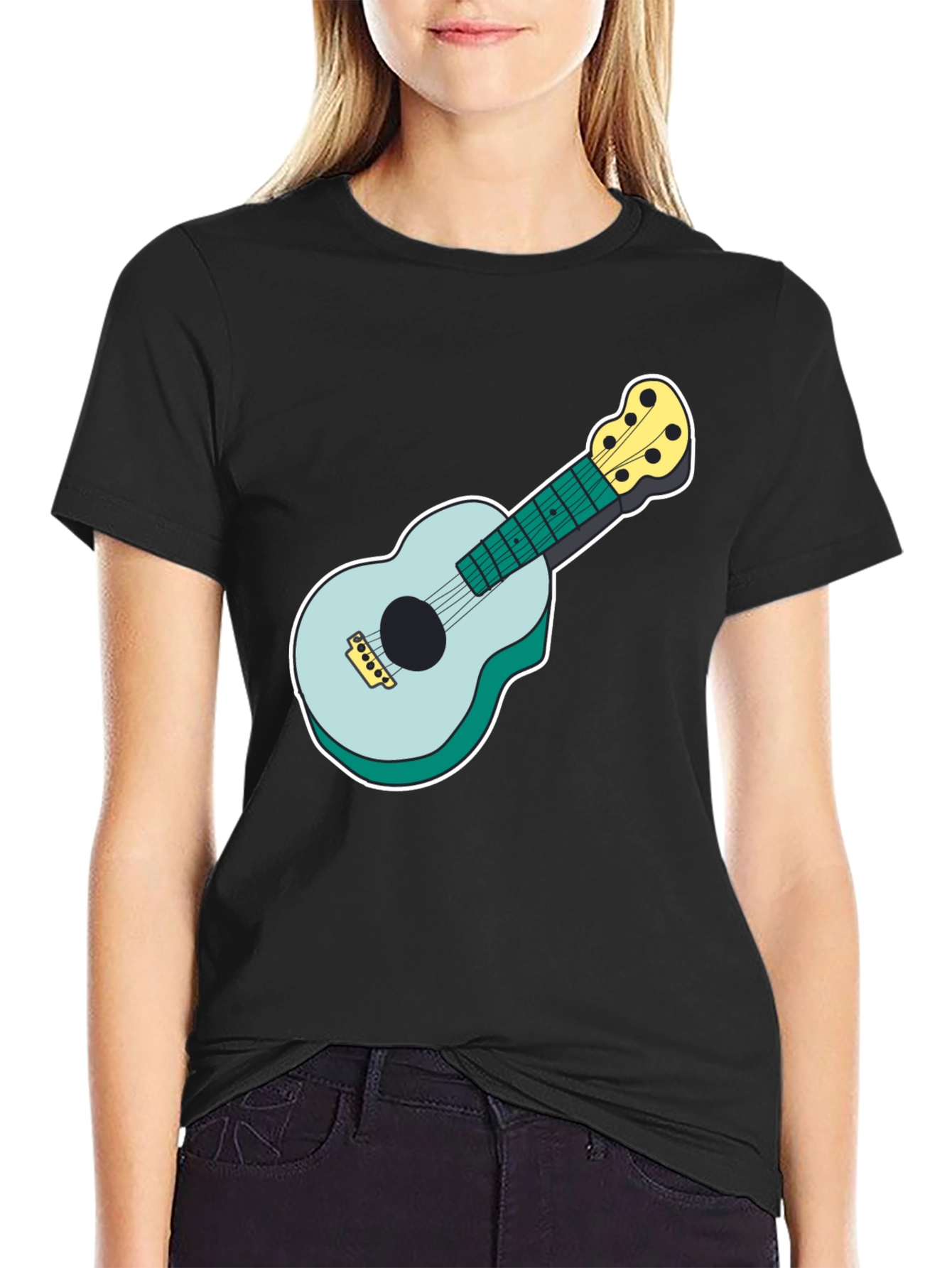 Ukulele Graphic Tee - Black Cotton Casual Shirt