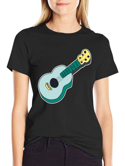 Ukulele Graphic Tee - Black Cotton Casual Shirt