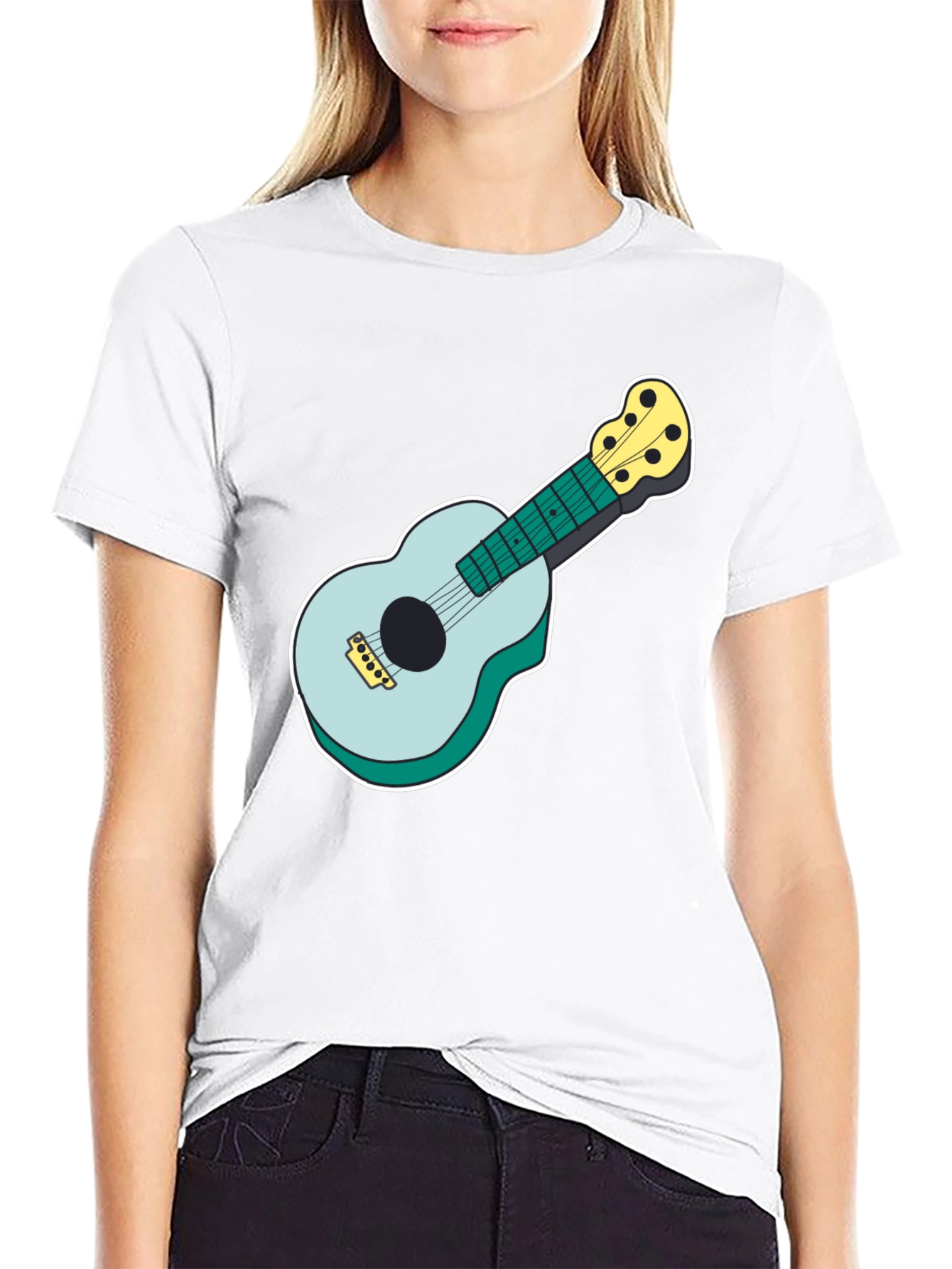 Ukulele Graphic Tee - Black Cotton Casual Shirt