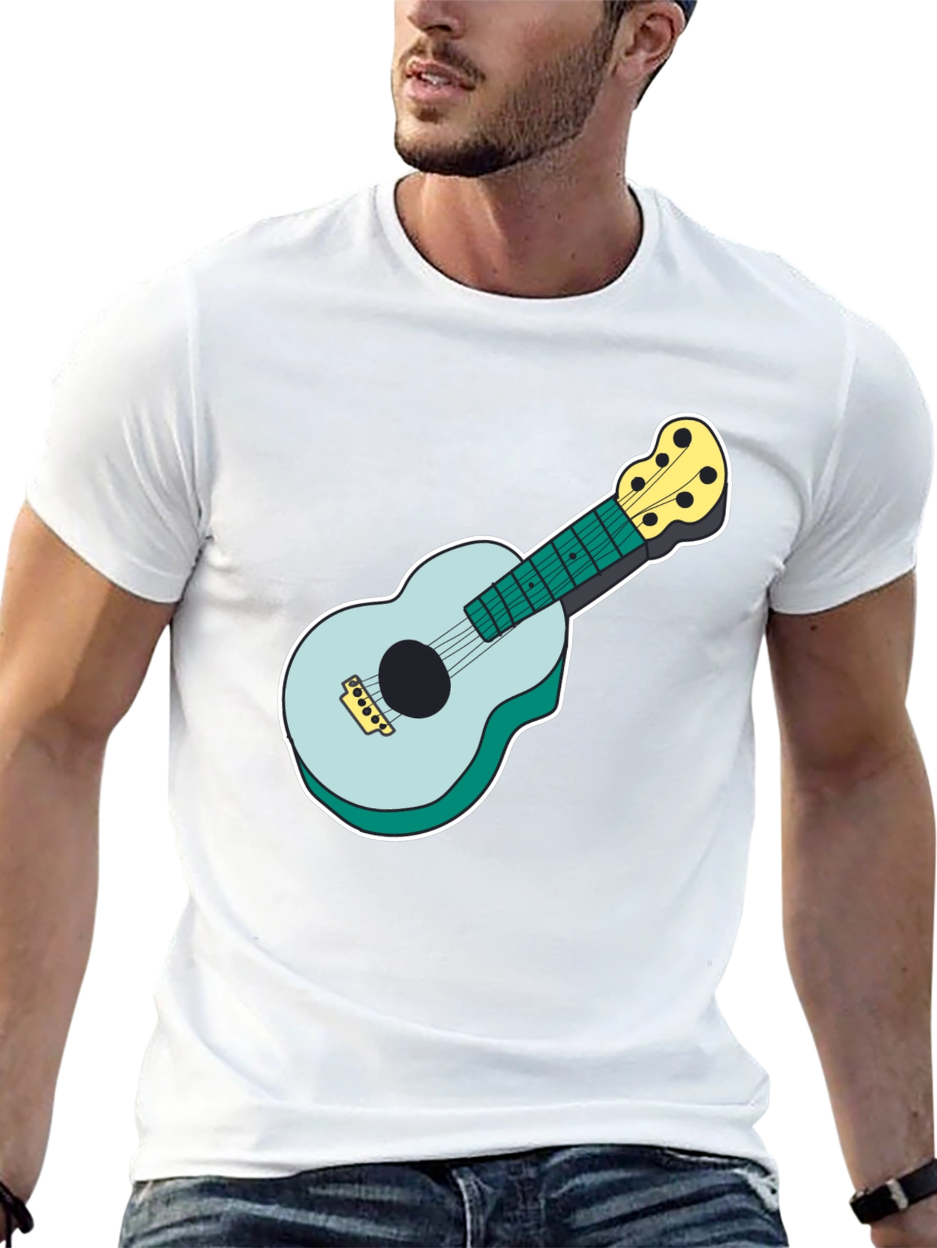 Ukulele Graphic Tee - Black Cotton Casual Shirt