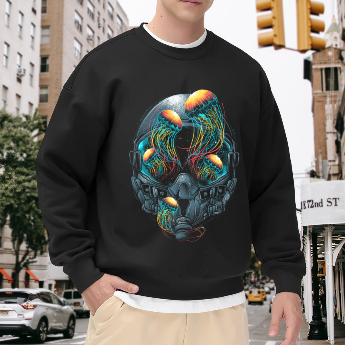 Astronaut Jellyfish Neon Crewneck Sweatshirt - Space Ocean Sci-Fi Art Pullover