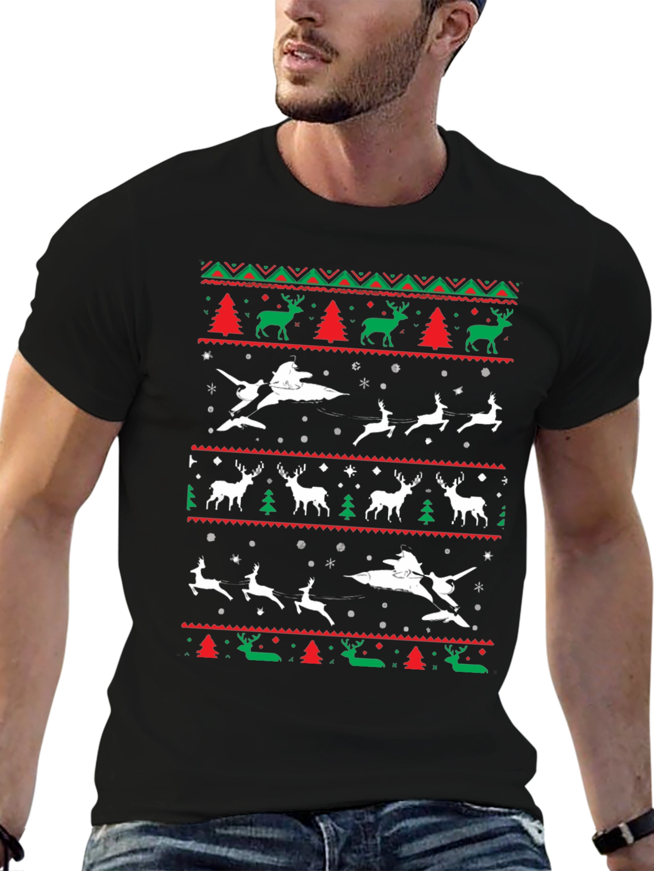 Festive Christmas Airplane & Reindeer Novelty T-Shirt