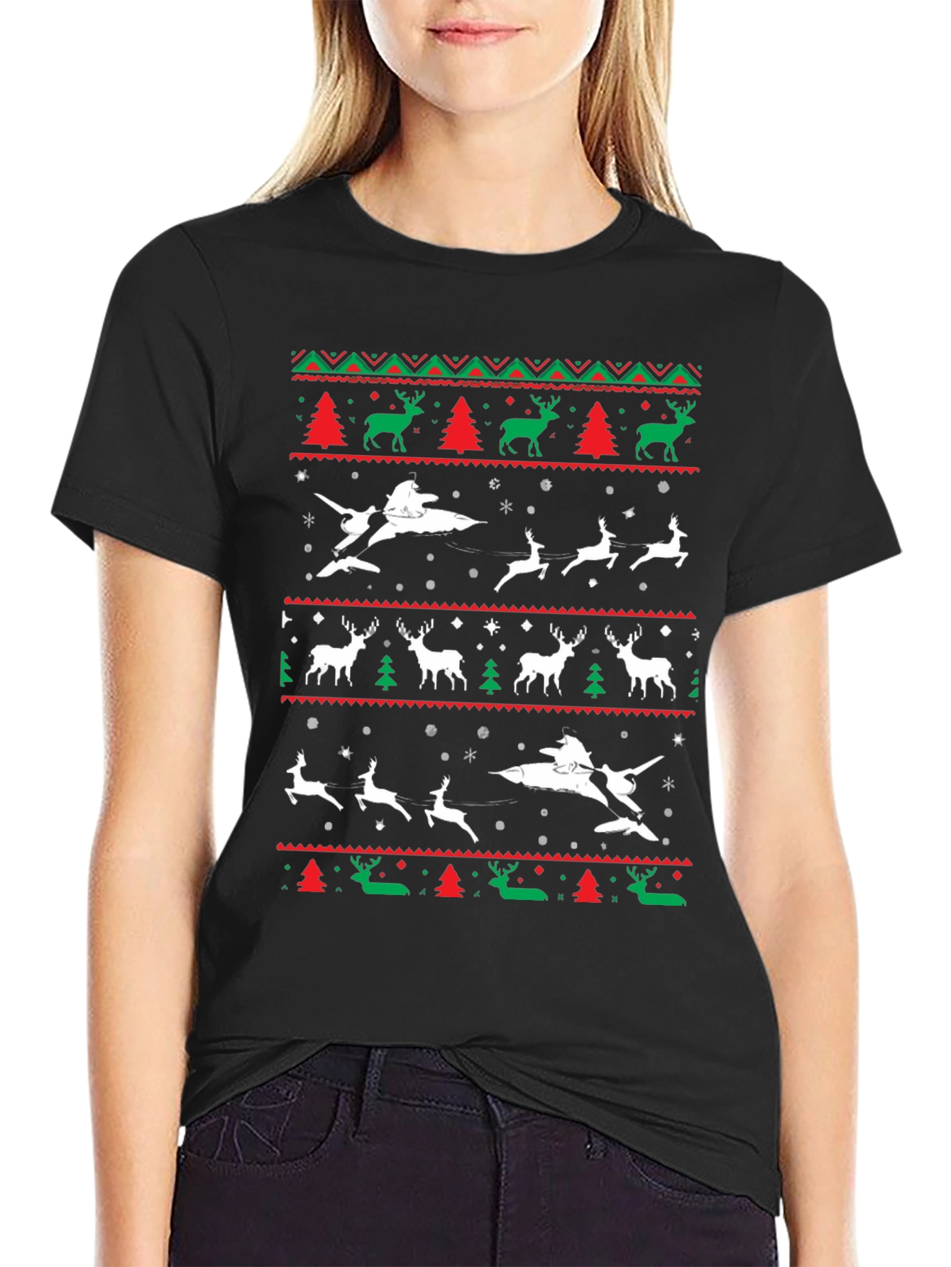 Festive Christmas Airplane & Reindeer Novelty T-Shirt