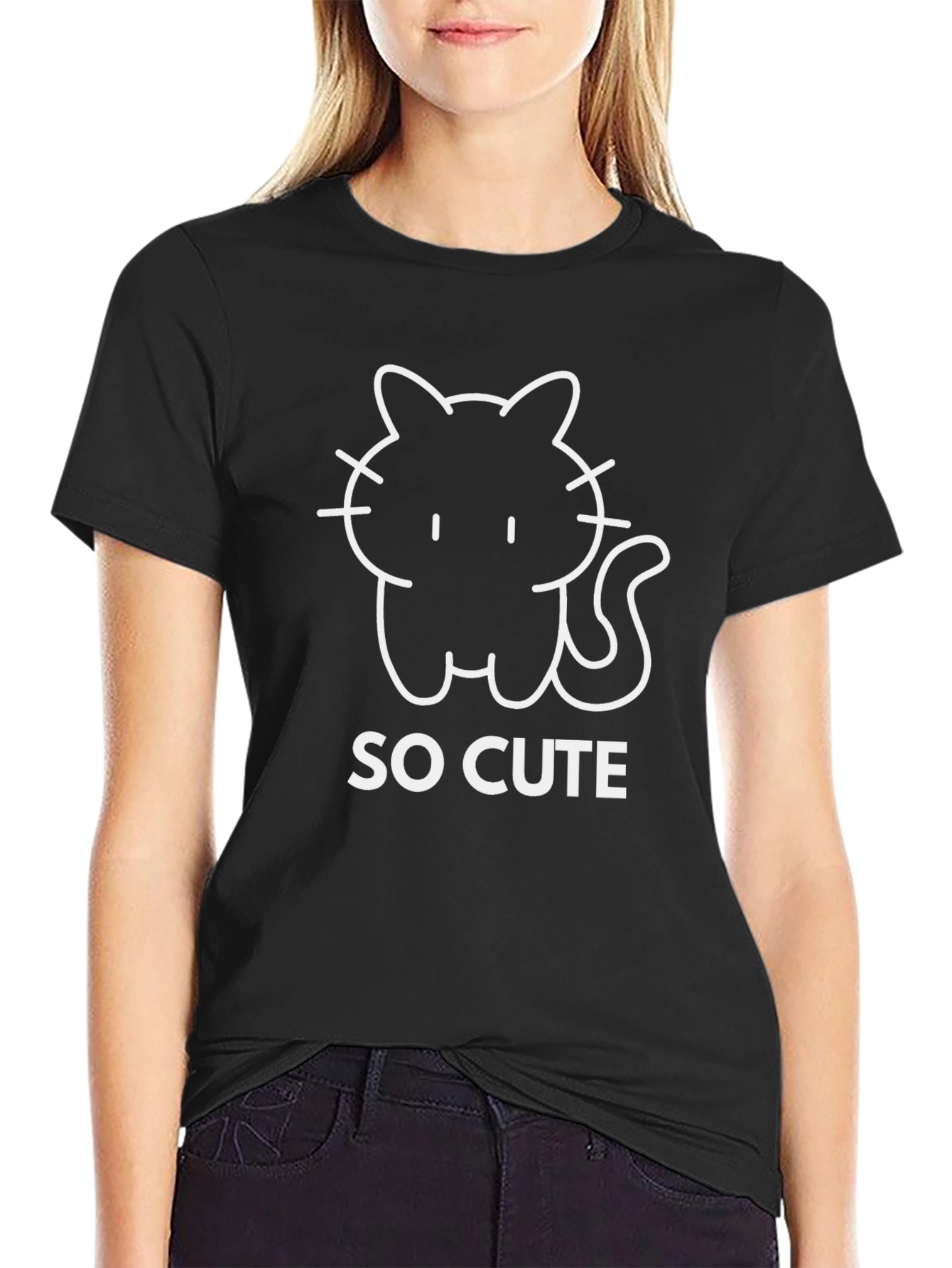 So Cute Cat Graphic Tee - Black Cotton T-Shirt