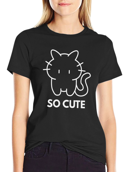 So Cute Cat Graphic Tee - Black Cotton T-Shirt