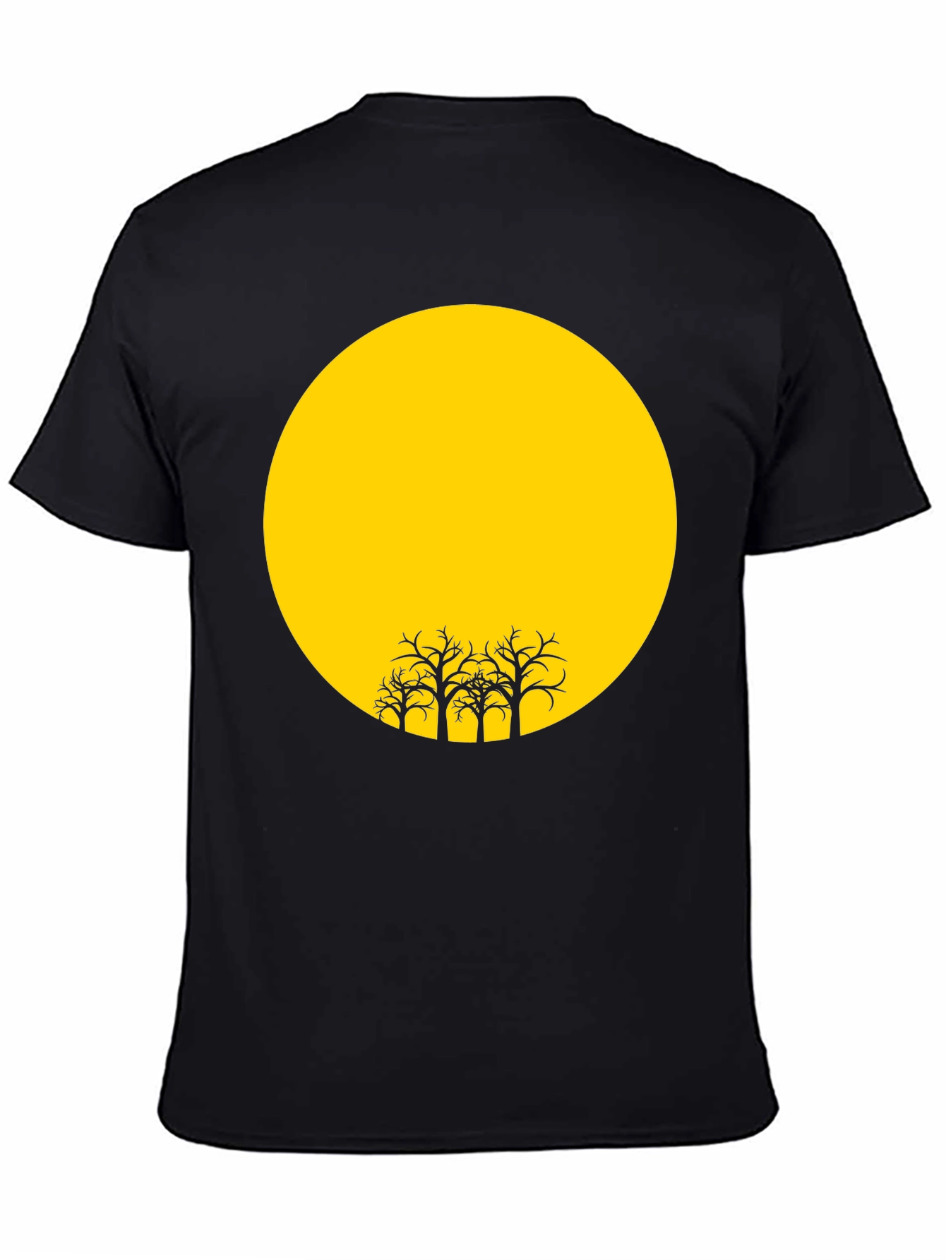 Black T-Shirt with Yellow Moon and Silhouetted Trees