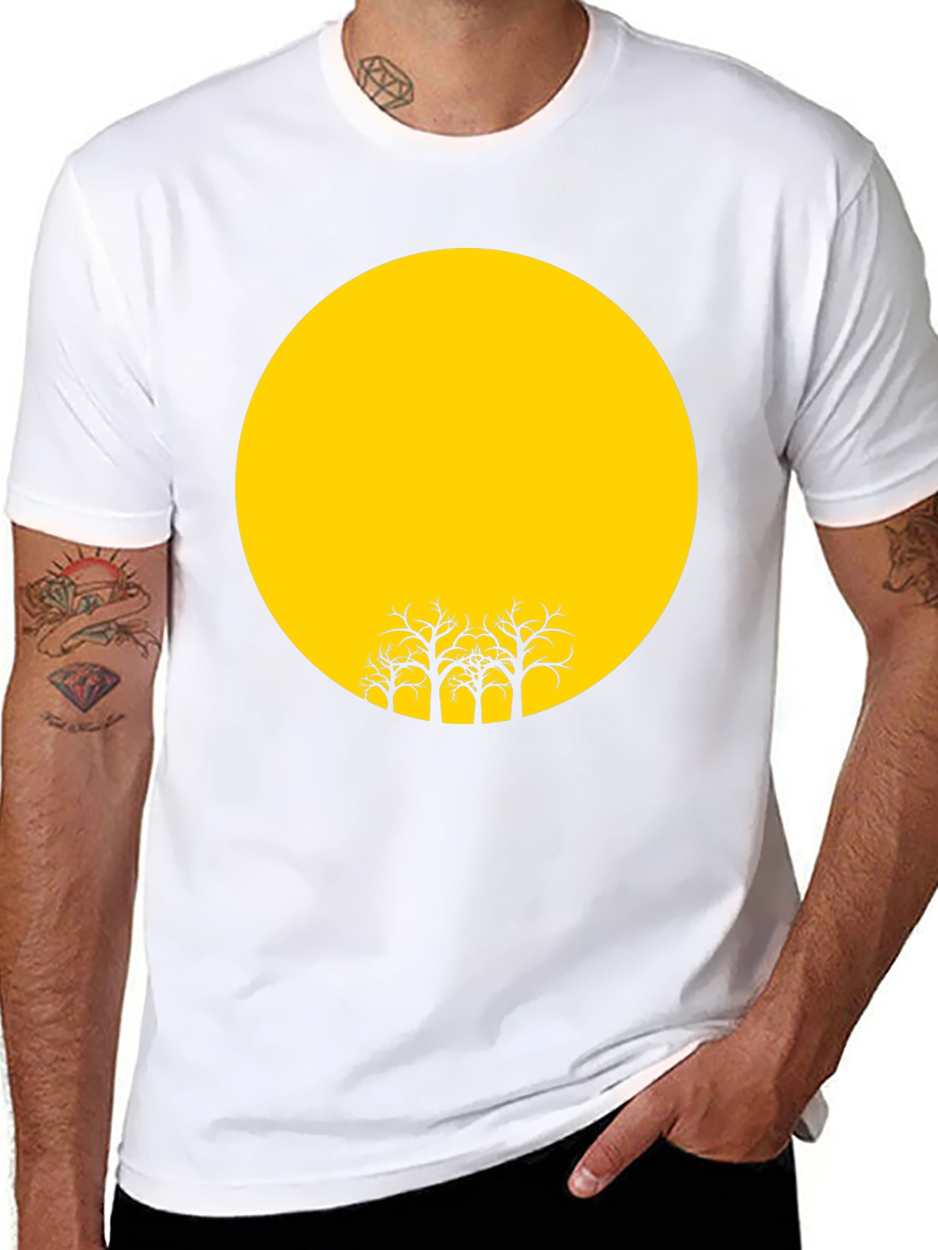 Black T-Shirt with Yellow Moon and Silhouetted Trees