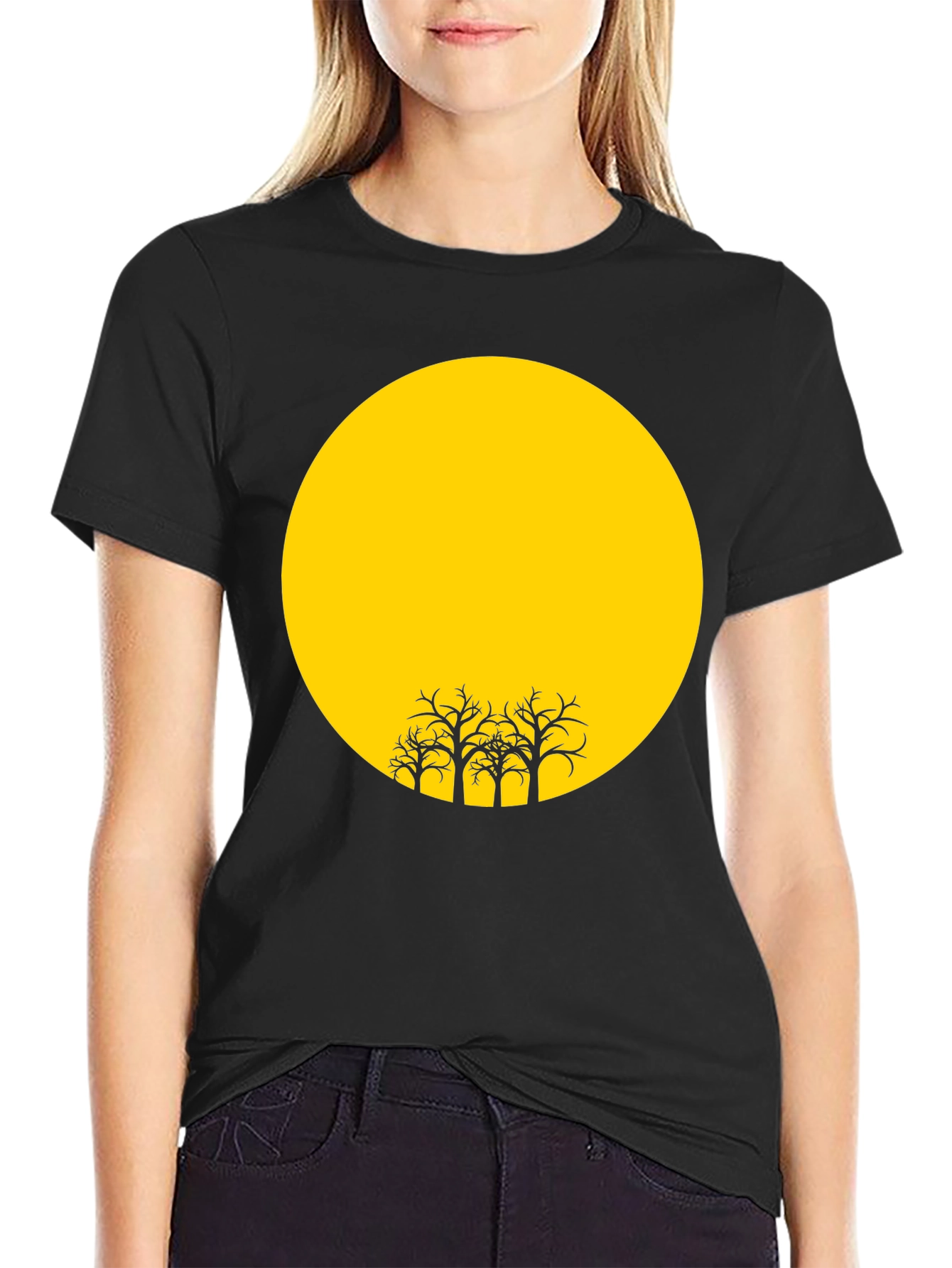 Black T-Shirt with Yellow Moon and Silhouetted Trees