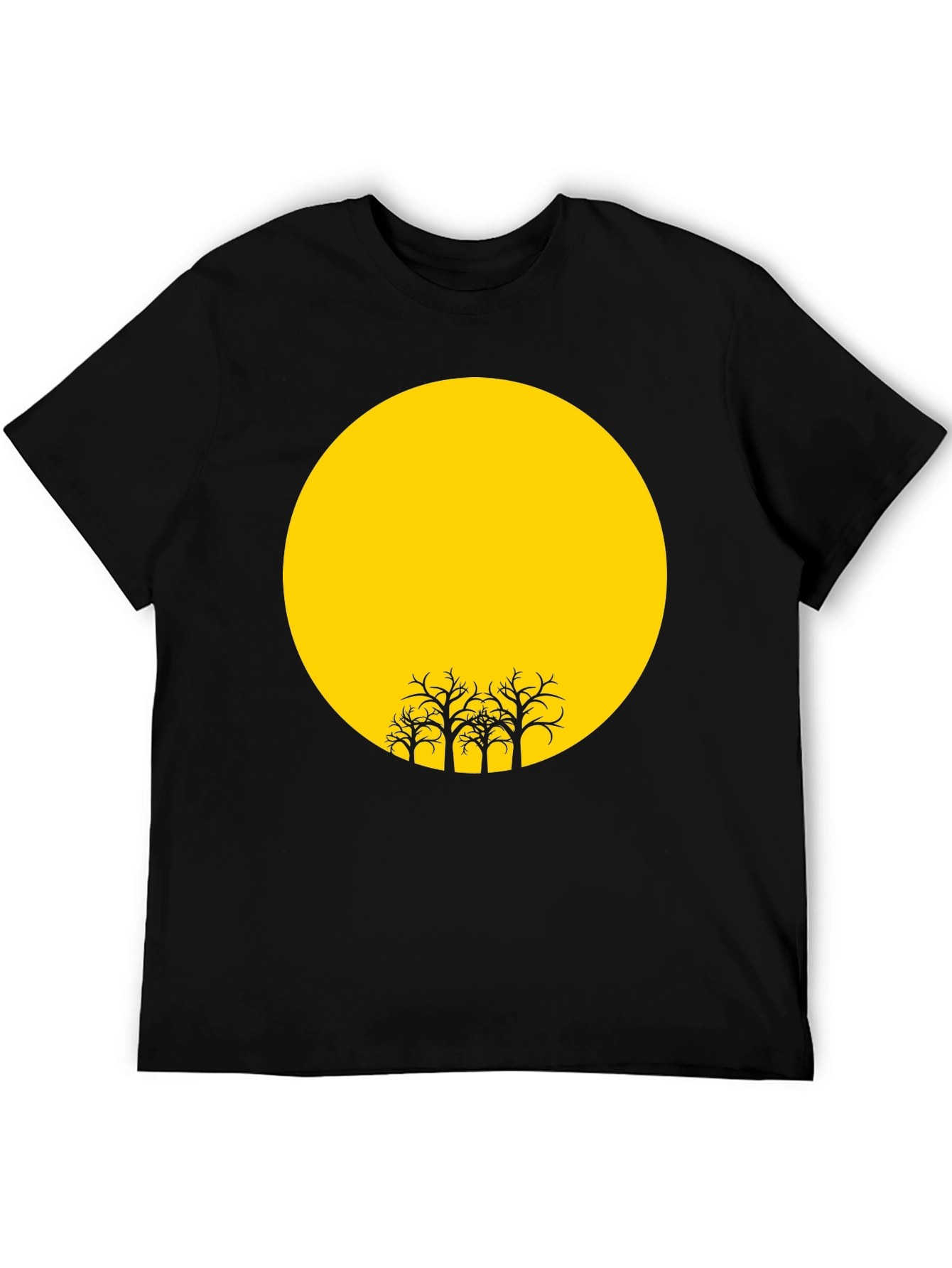 Black T-Shirt with Yellow Moon and Silhouetted Trees