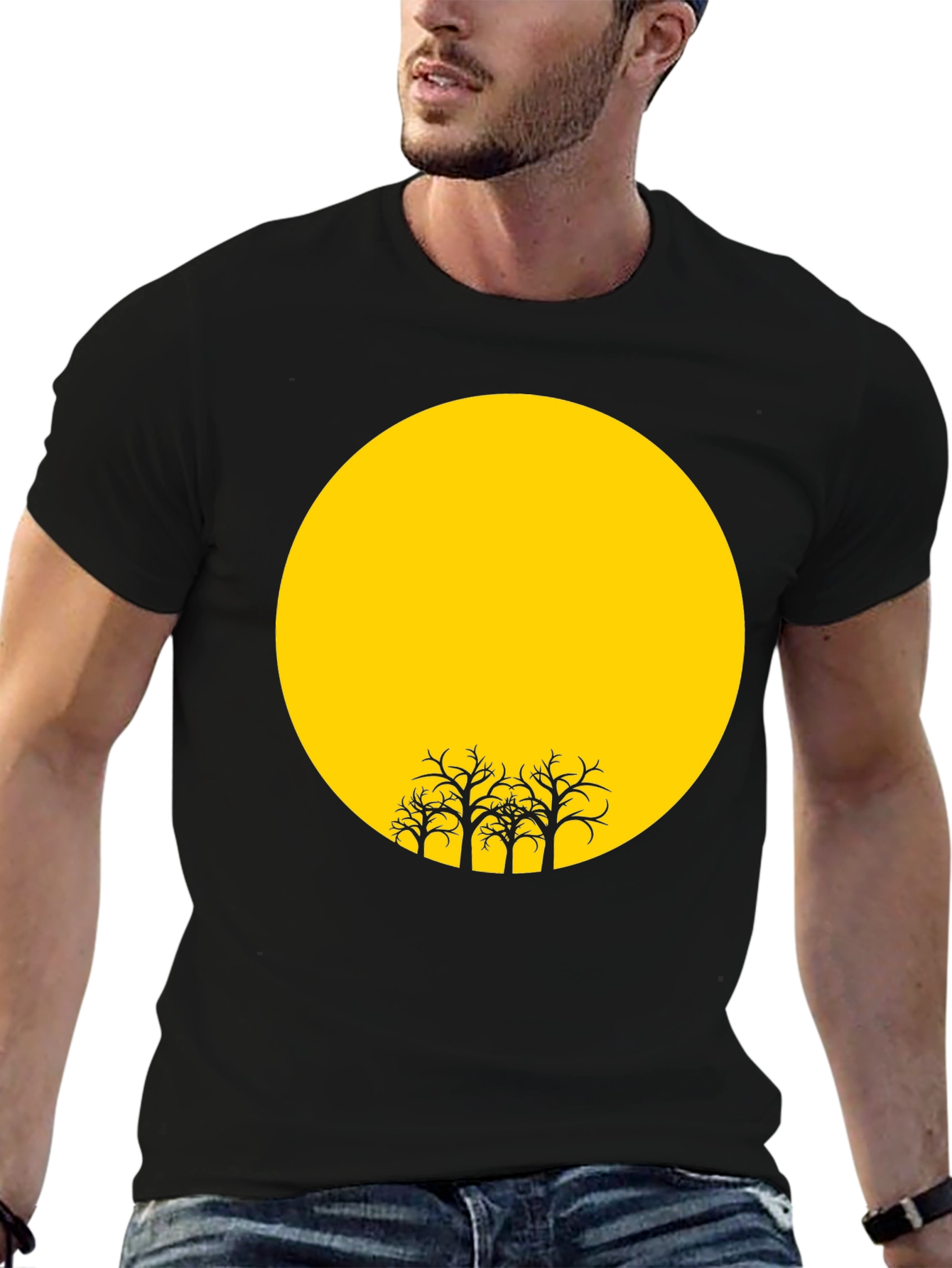 Black T-Shirt with Yellow Moon and Silhouetted Trees