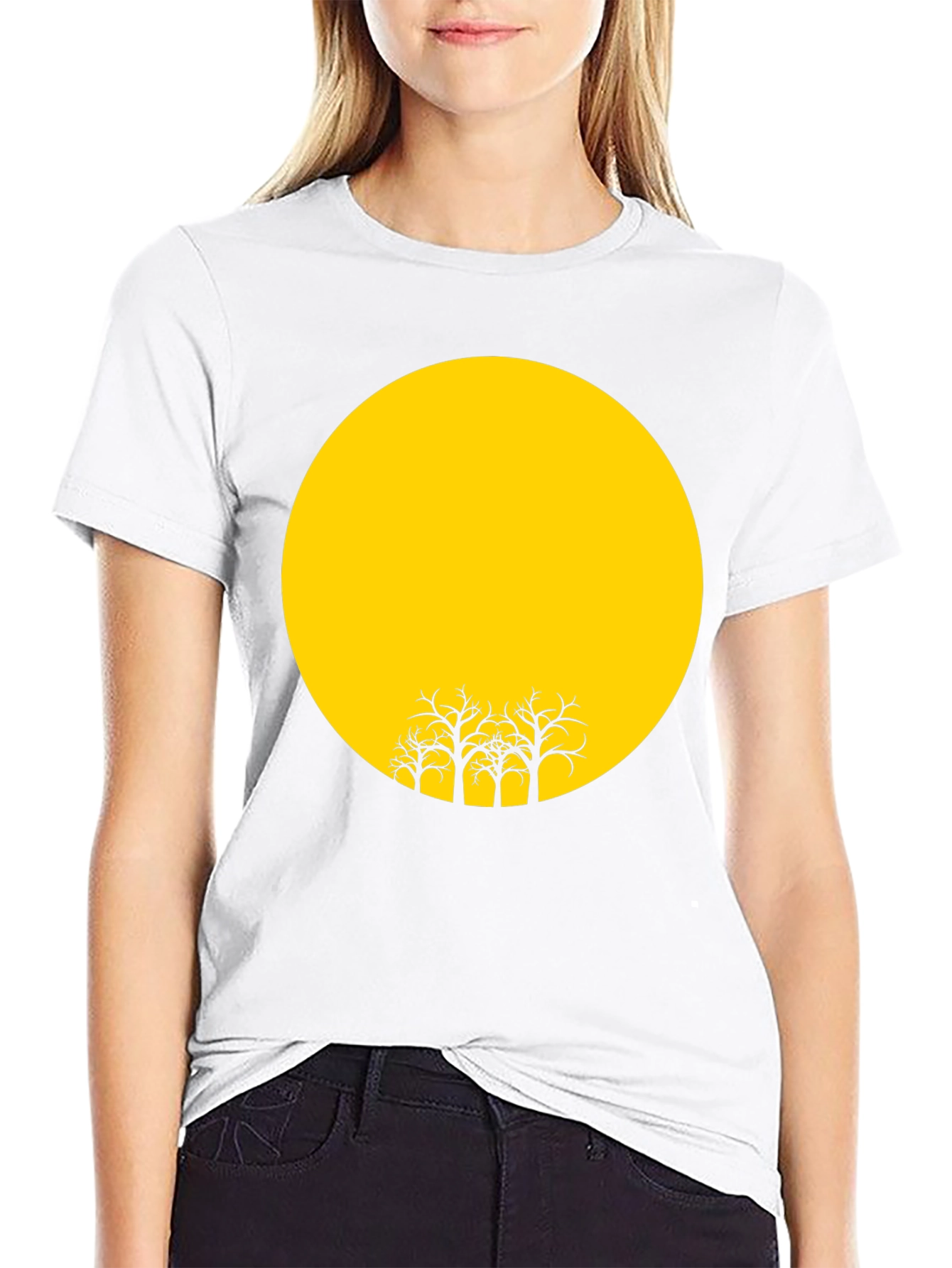 Black T-Shirt with Yellow Moon and Silhouetted Trees