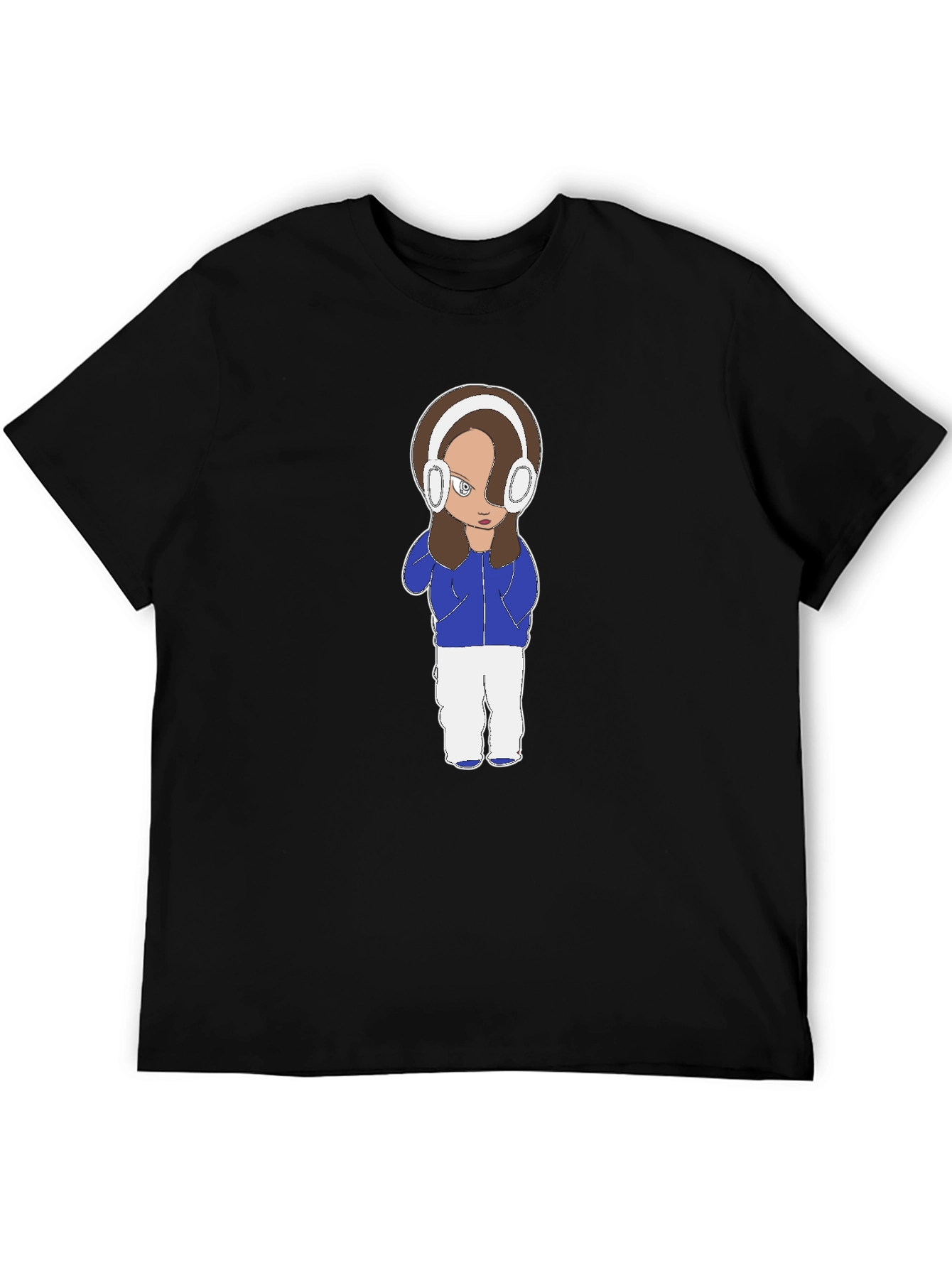 Cartoon Girl Headphones Black T-Shirt