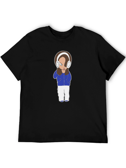 Cartoon Girl Headphones Black T-Shirt