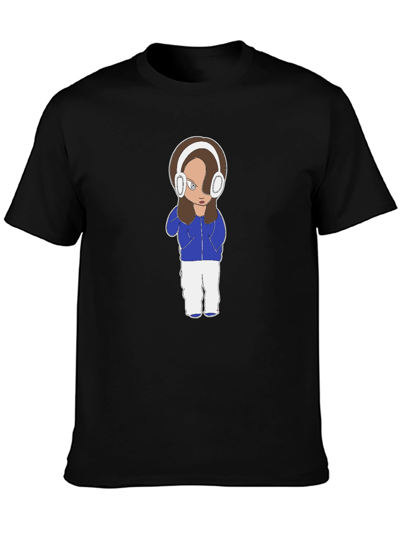 Cartoon Girl Headphones Black T-Shirt