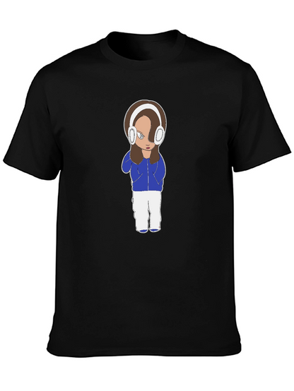 Cartoon Girl Headphones Black T-Shirt