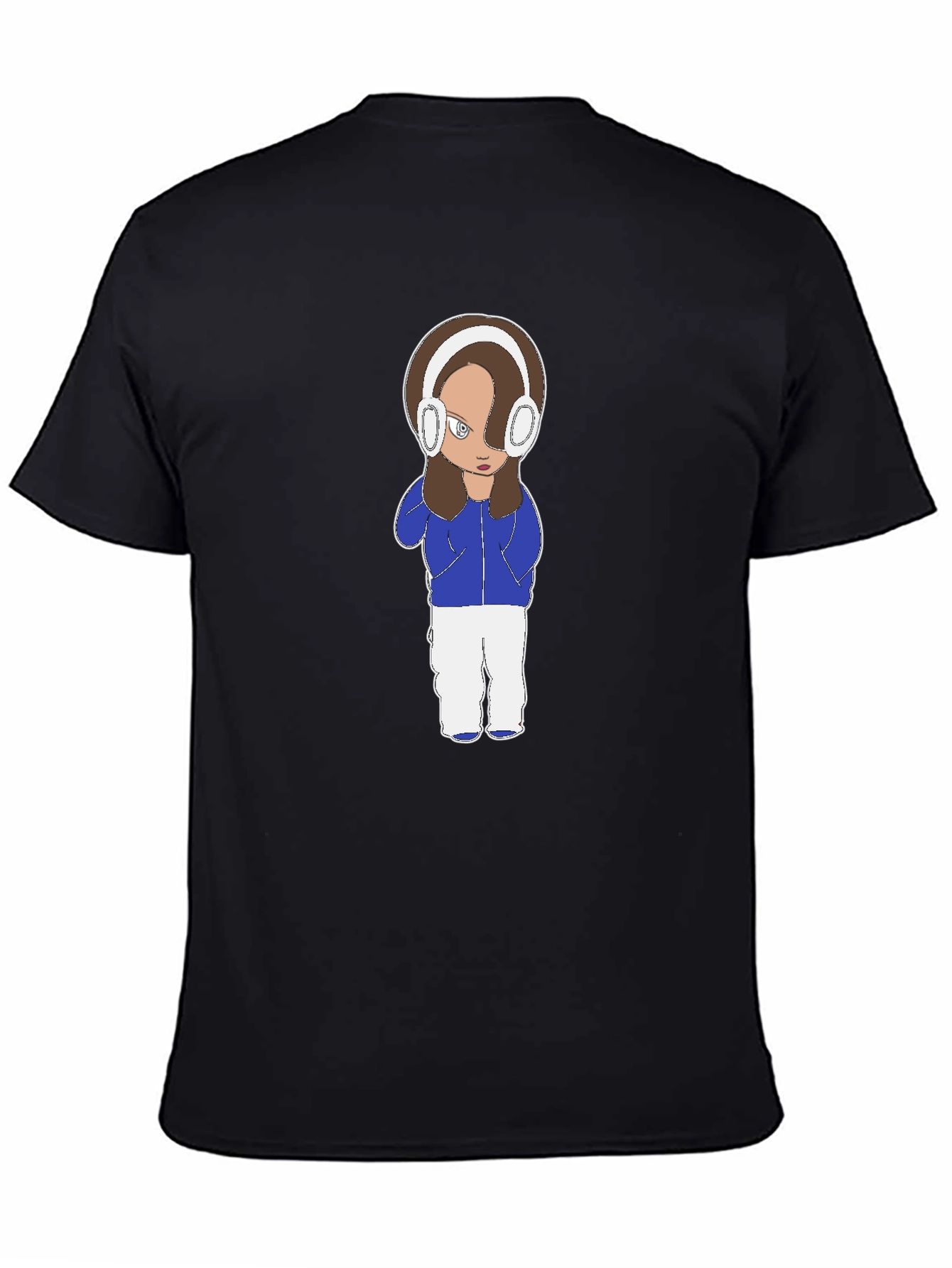 Cartoon Girl Headphones Black T-Shirt