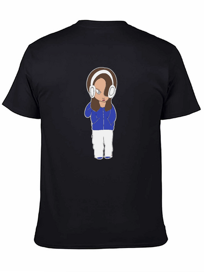 Cartoon Girl Headphones Black T-Shirt