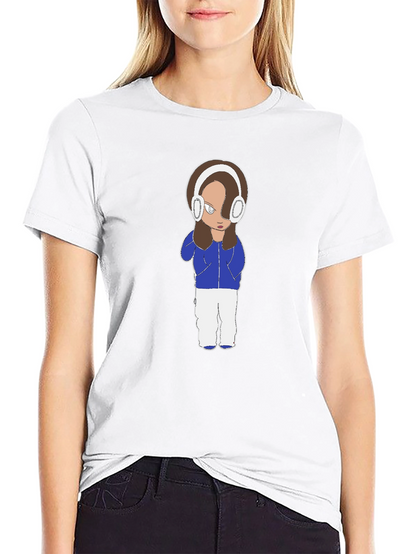 Cartoon Girl Headphones Black T-Shirt