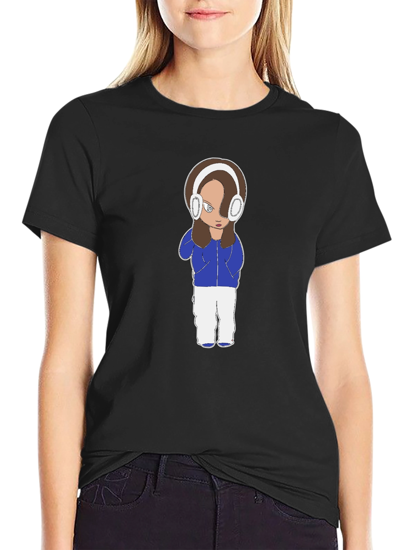 Cartoon Girl Headphones Black T-Shirt
