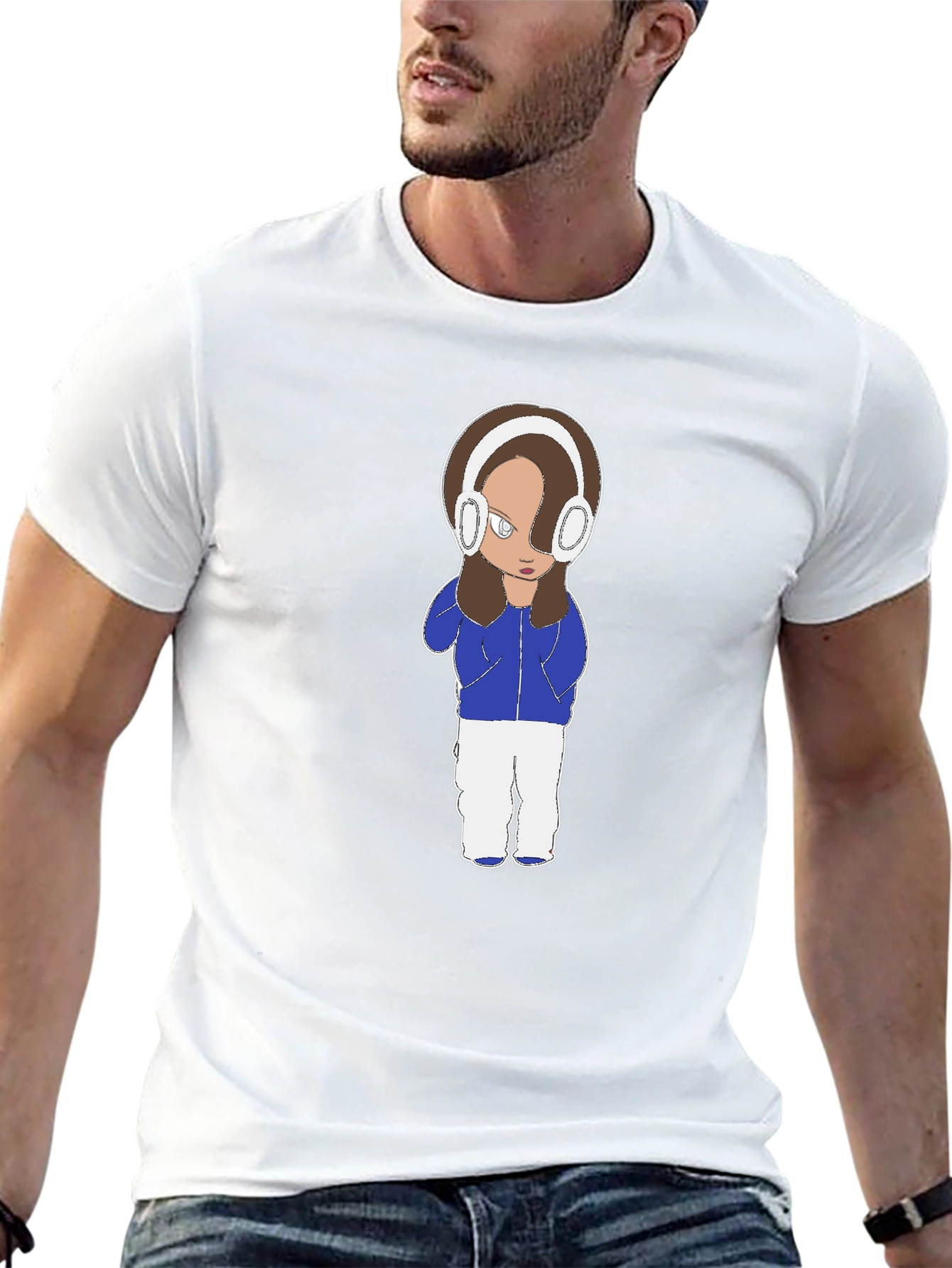 Cartoon Girl Headphones Black T-Shirt