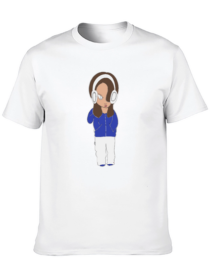 Cartoon Girl Headphones Black T-Shirt