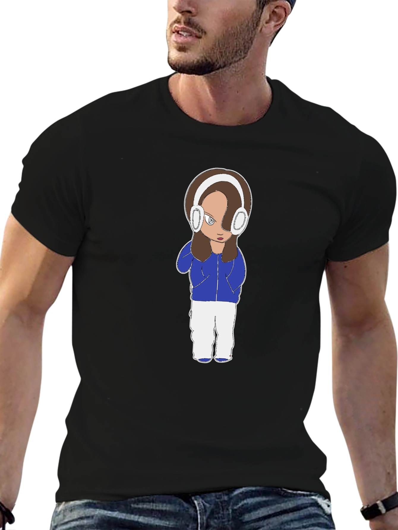 Cartoon Girl Headphones Black T-Shirt