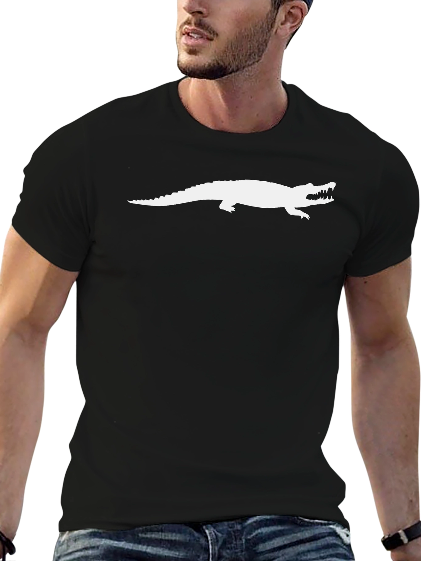 Mens Black T-Shirt with White Alligator Graphic