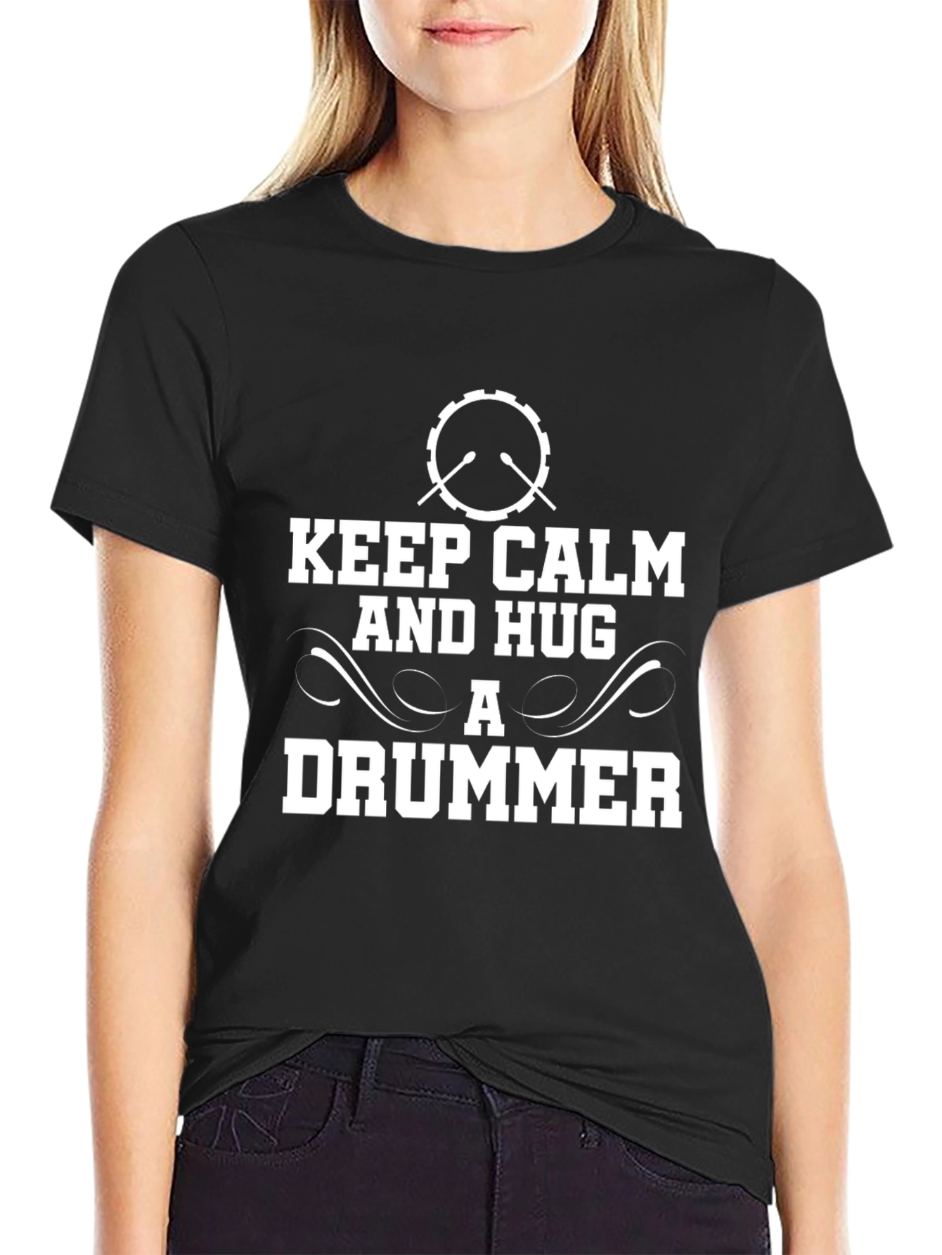 Keep Calm and Hug a Drummer Black Graphic T-Shirt